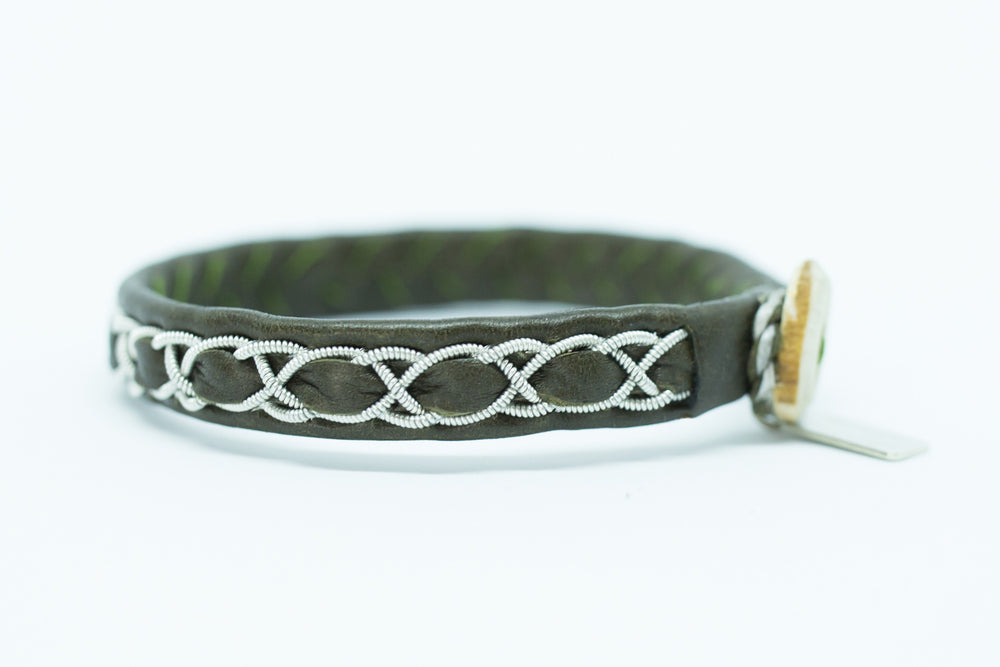 Abisko, Olive Green, Reindeer leather, Sami Bracelet, Pewter and Silver Braided Bracelet, Pemberton BC