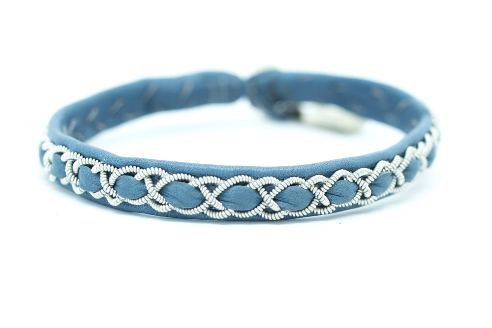 Abisko, Steel Blue, Reindeer leather, Sami Bracelet, Pewter and Silver Braided Bracelet, Pemberton BC