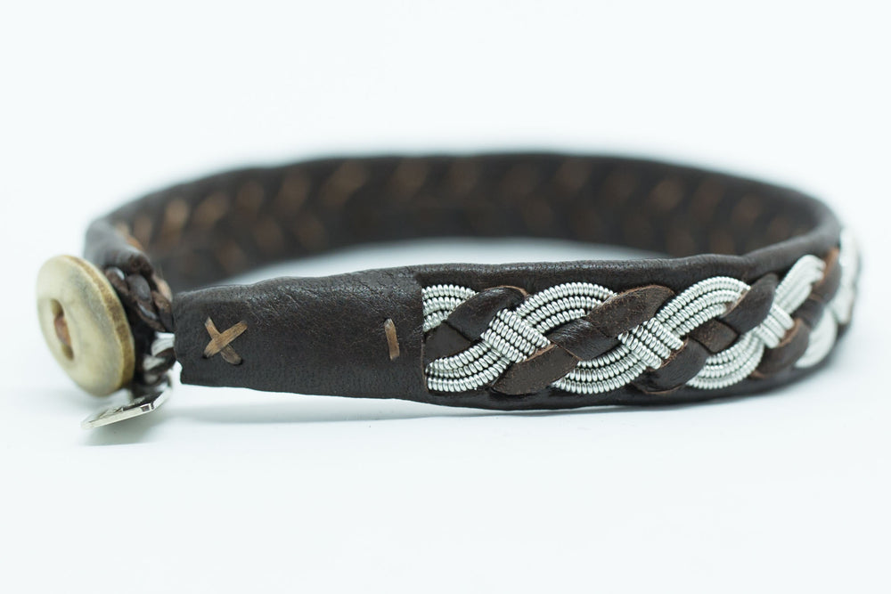 Algot, brown, Reindeer leather, Sami Bracelet, Pewter and Silver Braided Bracelet