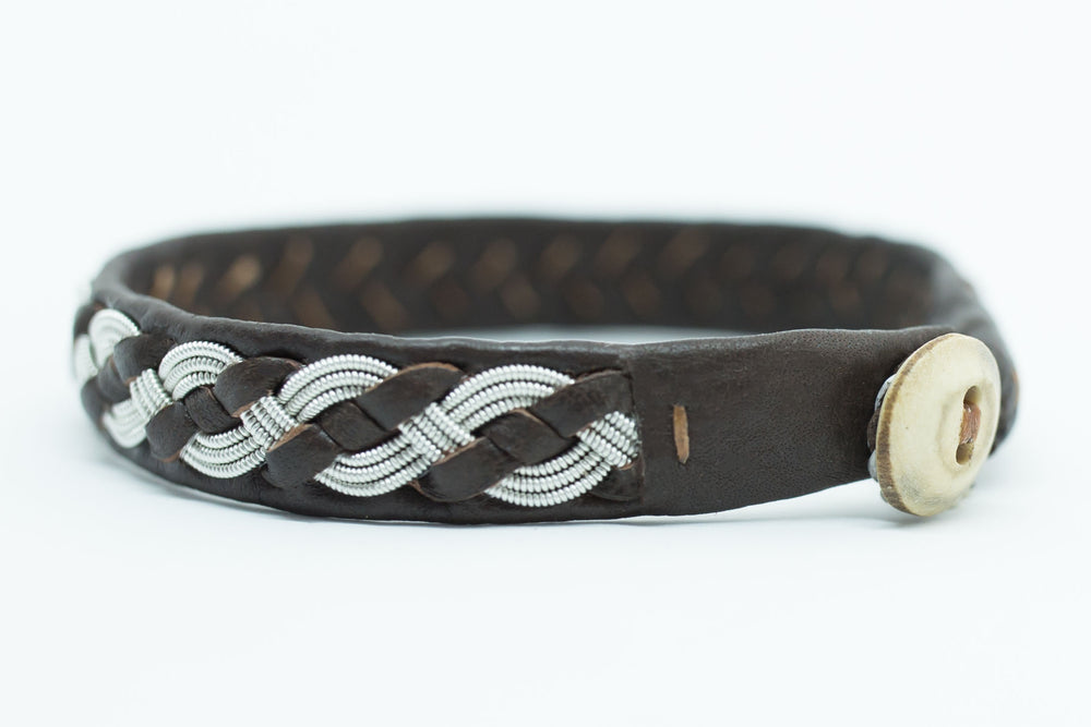 Algot, brown, Reindeer leather, Sami Bracelet, Pewter and Silver Braided Bracelet