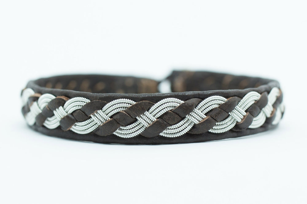 Algot, brown, Reindeer leather, Sami Bracelet, Pewter and Silver Braided Bracelet