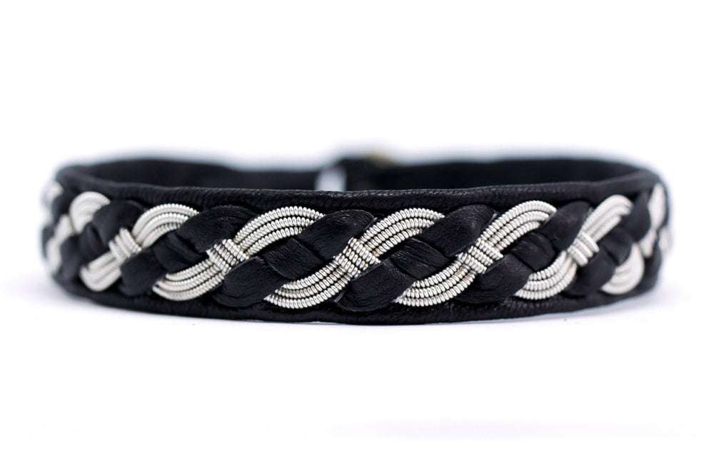 Algot, black, Reindeer leather, Sami Bracelet, Pewter and Silver Braided Bracelet