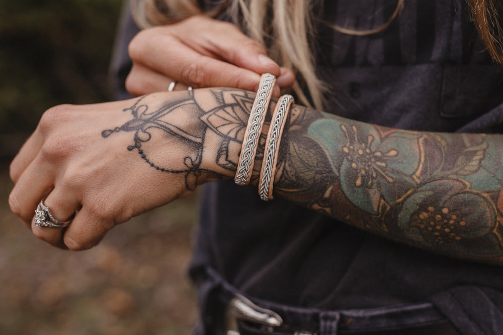 women wearing Sami, tan reindeer leather, Sami Bracelet, Tennarmband, Simply Sami Jewelry